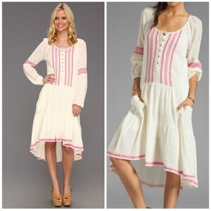 Free People Women’s Boho Pink & Cream Dress high-low gauzy tea pockets Sz Small